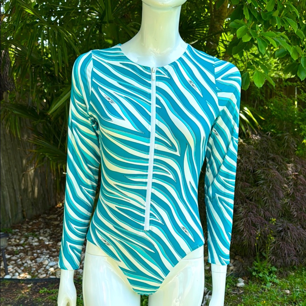 Micheal Kors Teal and White Striped Long Sleeve Bodysuit